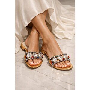 Casadei Italy Gold Leather Crystal Slide Sandals Size 7 Jewel Embellished